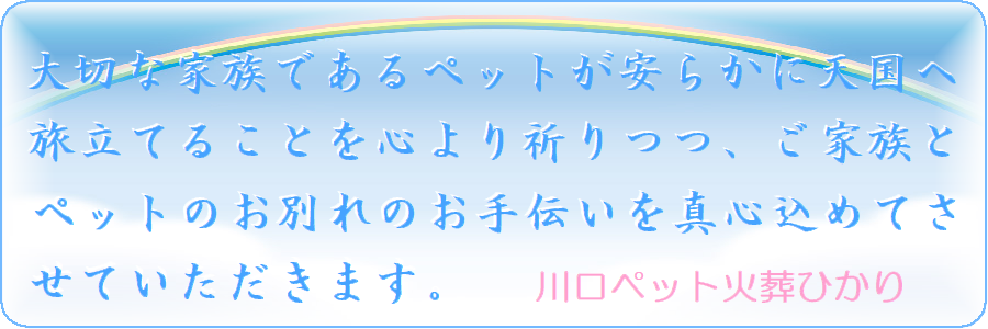 ペットが天国へ旅立てることを心より祈りお別れのお手伝いをいたします。川口市の川口ペット火葬ひかり。